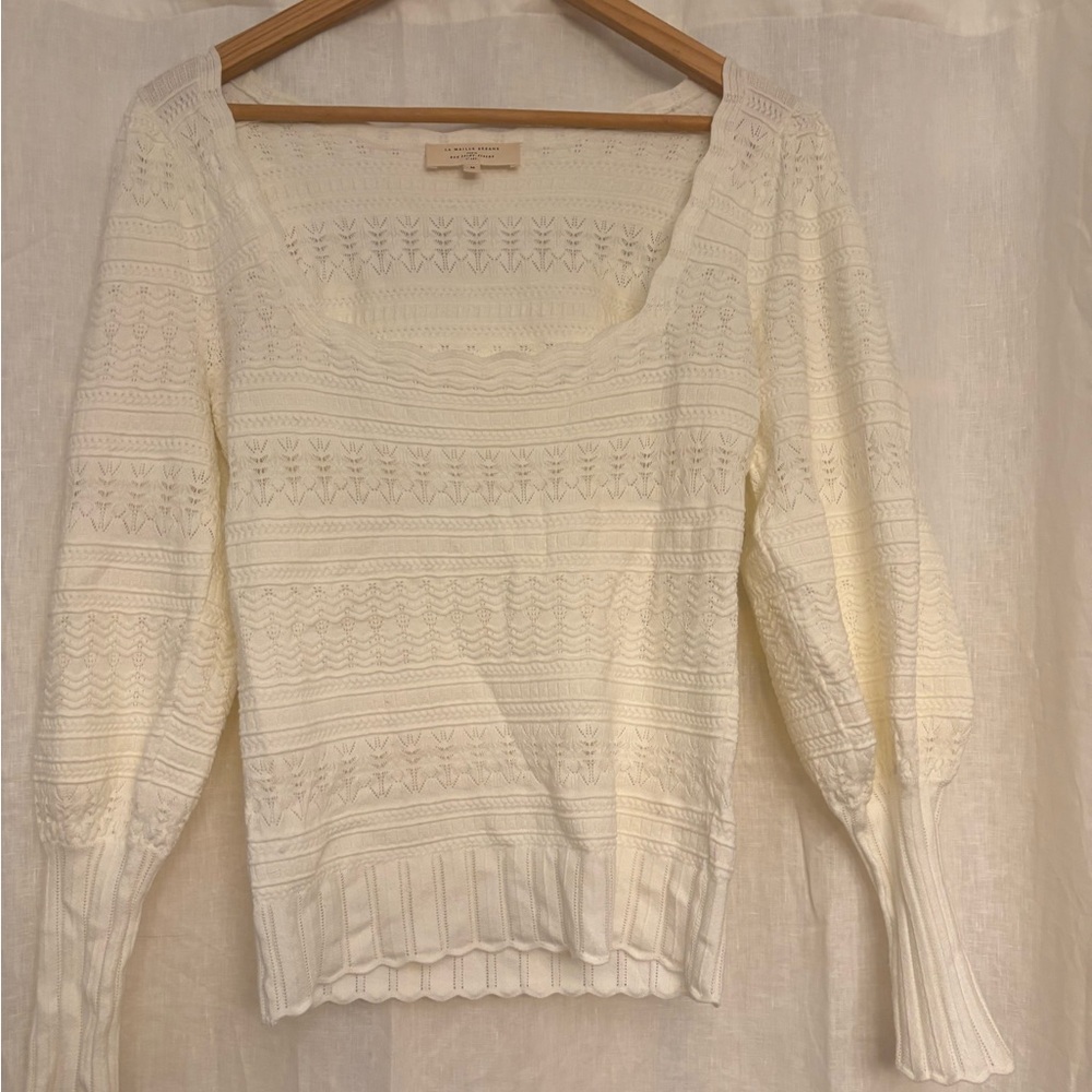 Sezane White Textured Square Neck Sweater